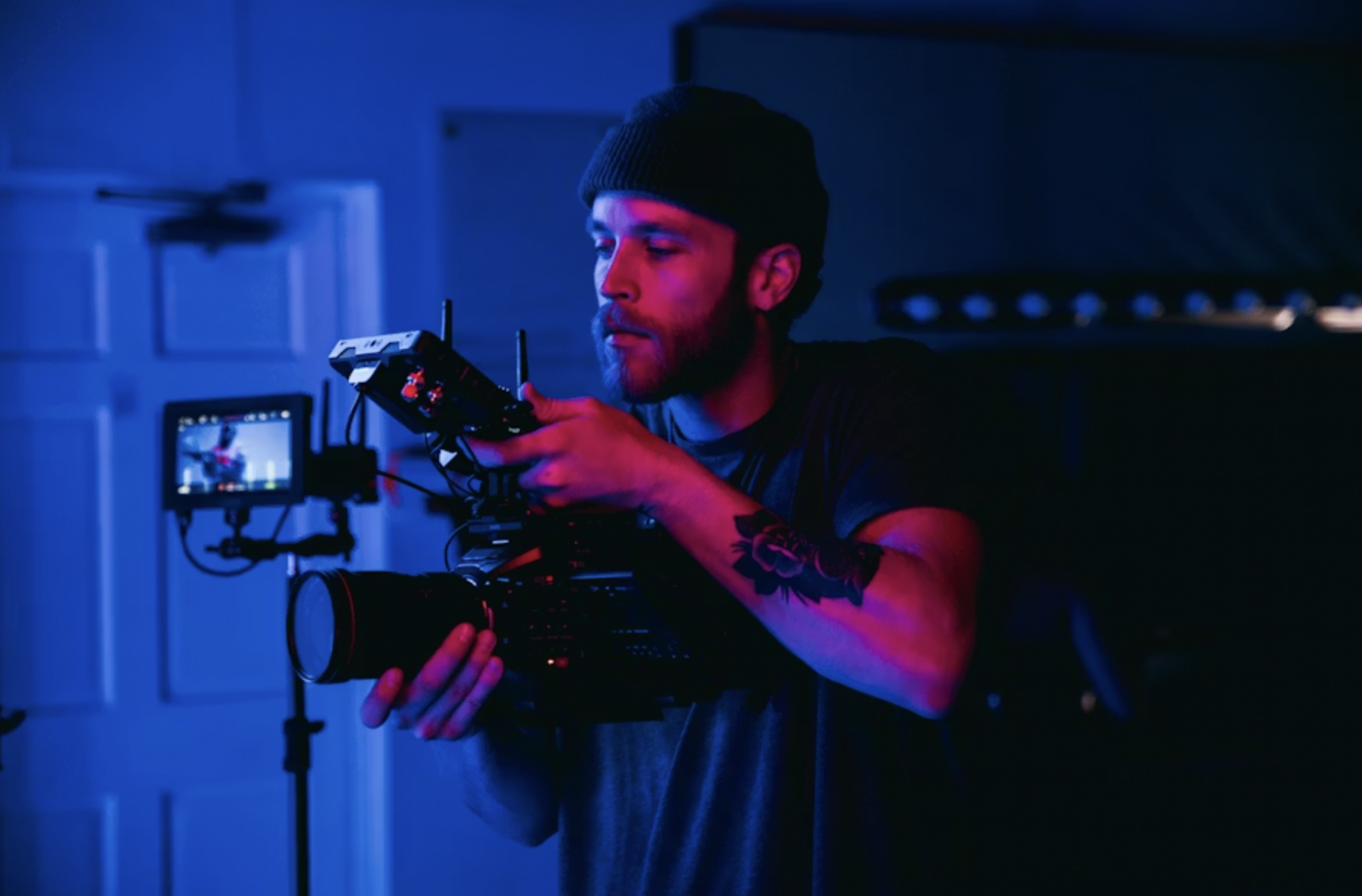 Actor recording self tape with ring light setup